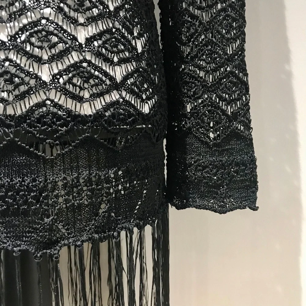 Colleen Lopez Black Sheer Lace Crochet Fringe Tunic Cover Up Top Size Large